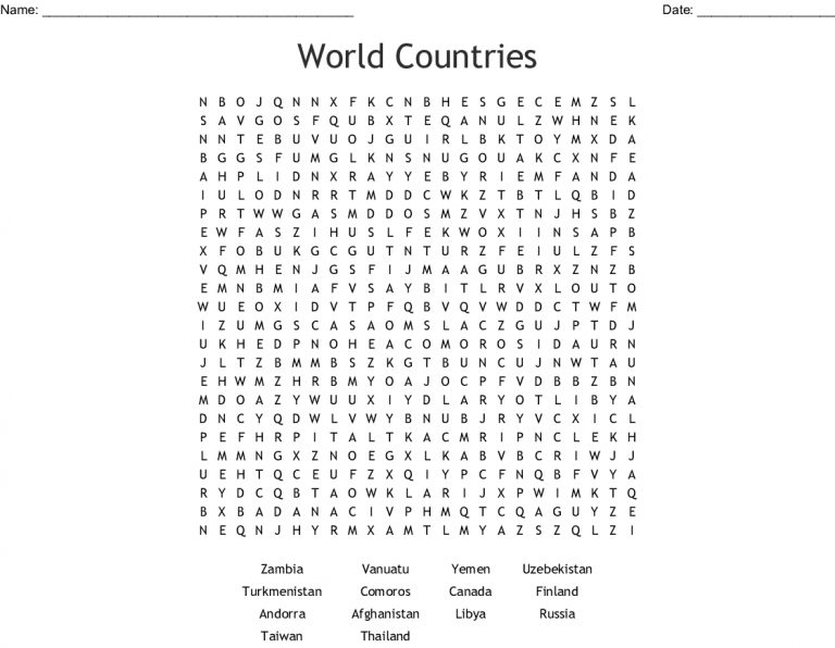 World Countries Word Search - Wordmint - Word Search Printable