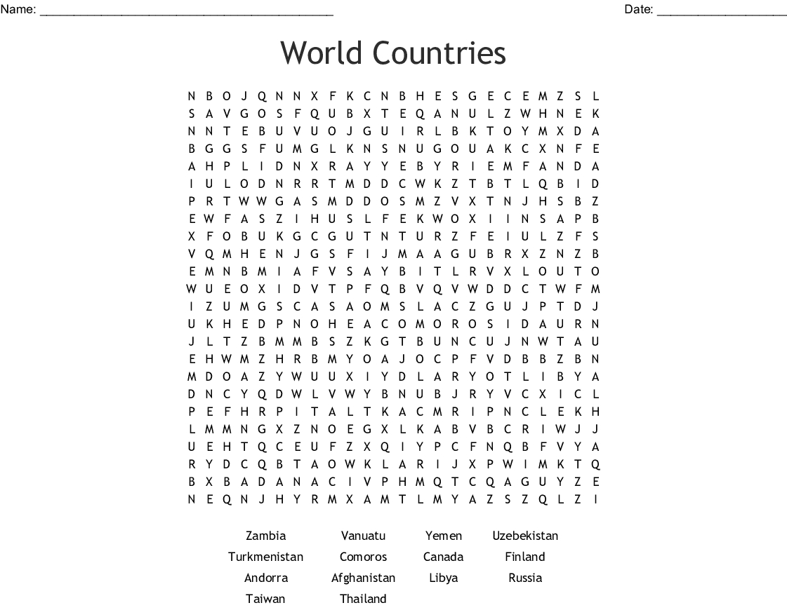 Countries Of The World Word Search Printable - Word Search Printable