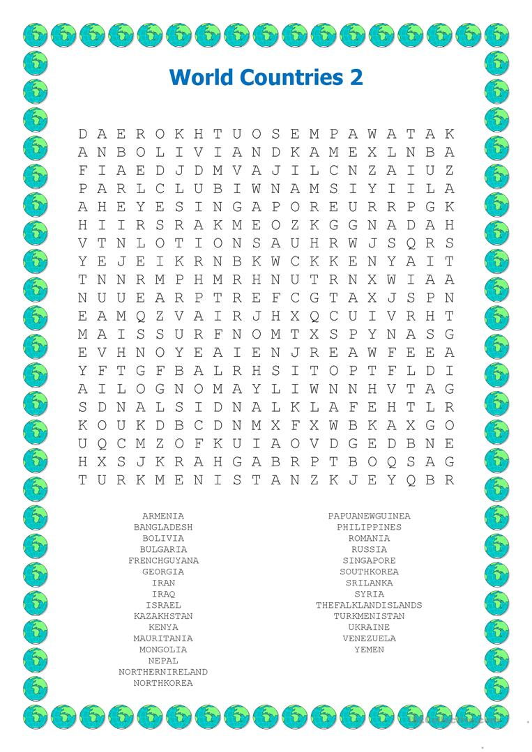World Countries Wordsearch 2 - English Esl Worksheets For