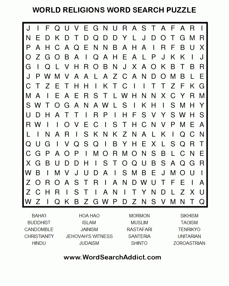 World Religions Printable Word Search Puzzle