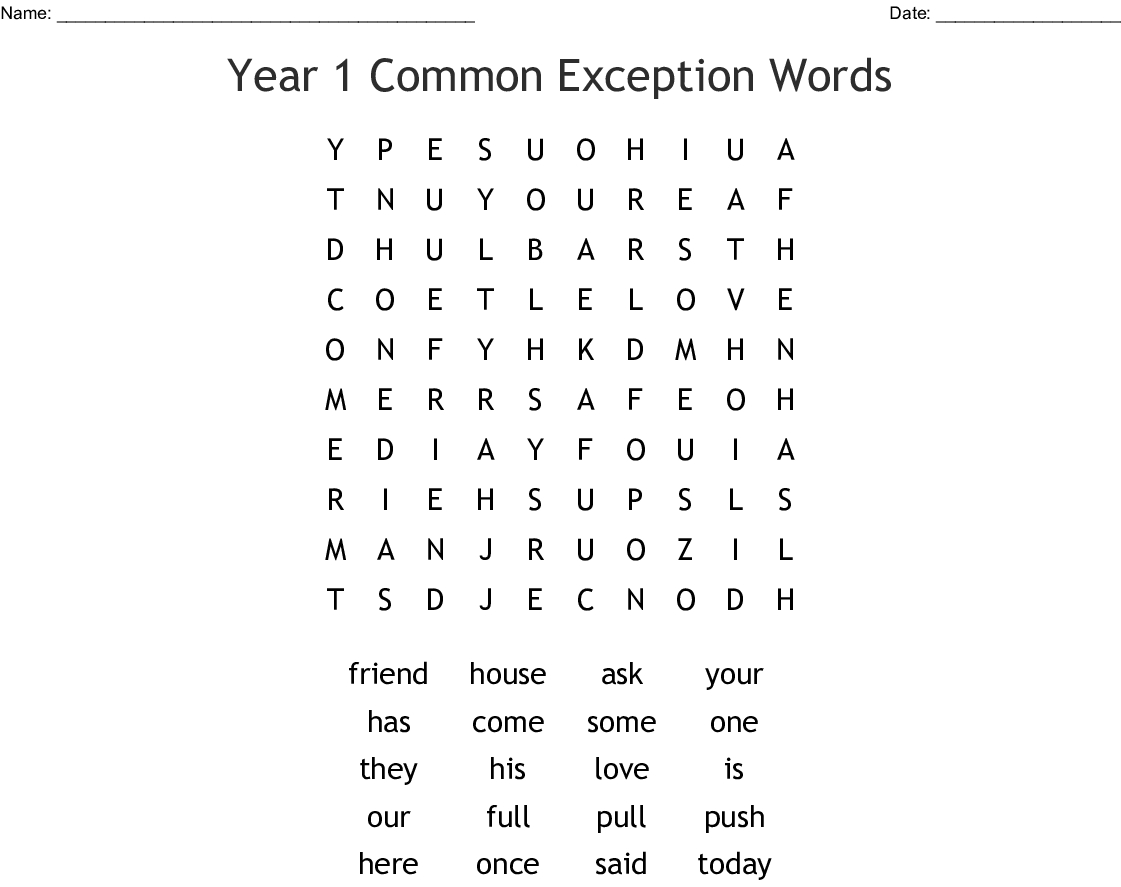 Year 1 Common Exception Words Word Search - Wordmint