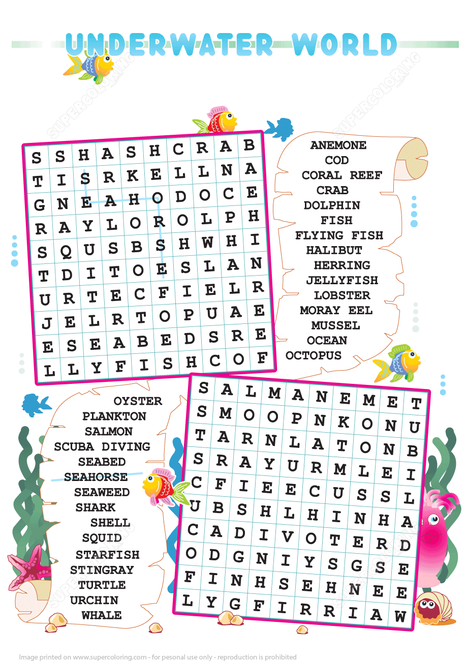 Zigzag Word Search Puzzle With Underwater World | Free