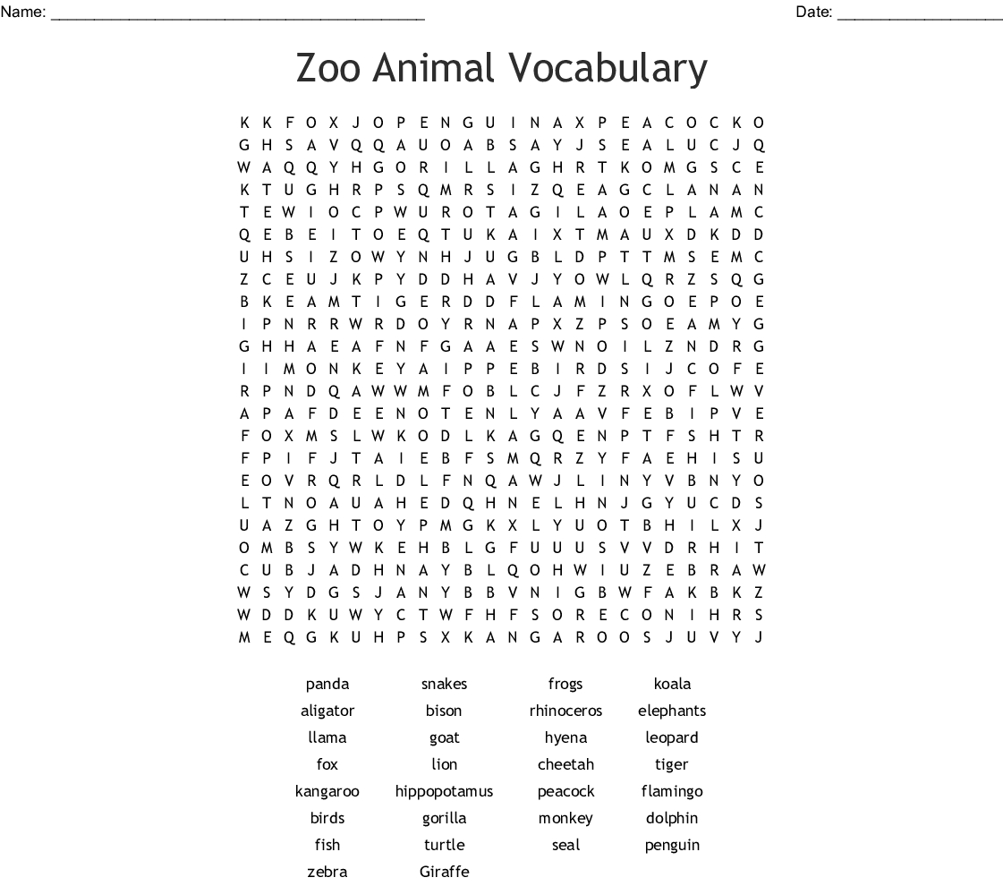 Zoo Animal Vocabulary Word Search - Wordmint