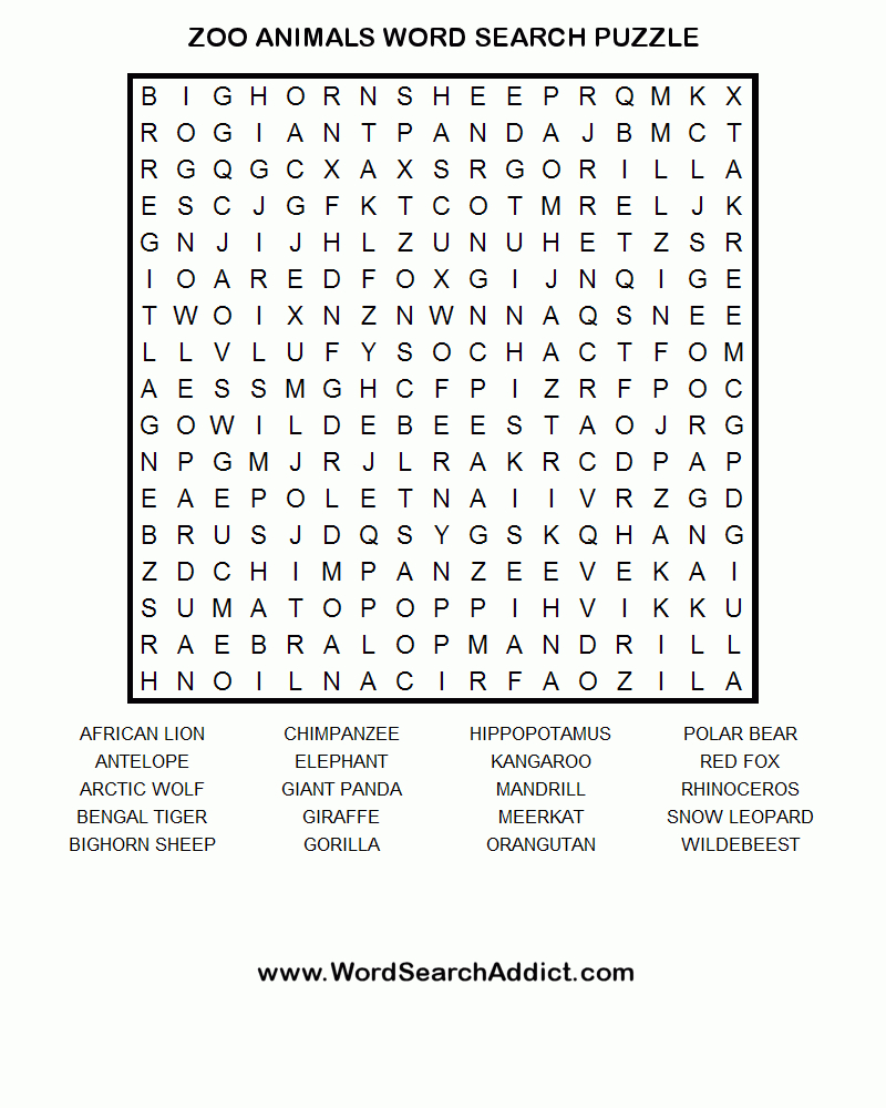 Zoo Animals Printable Word Search Puzzle | Word Find, Word